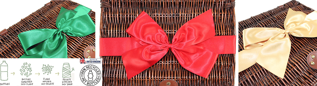 Sustainable Eco-Friendly Recyclable Ribbon Bows Made of Biodegradable Ribbon. Bows made of recycled plastic bottles.
